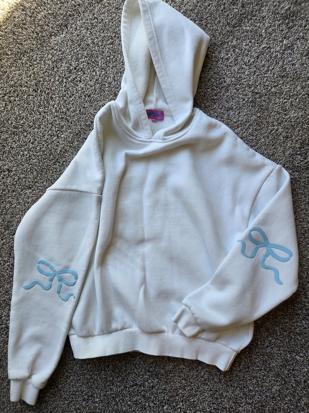 Edikted White Hoodie with Light Blue Ribbon Sleeve Motifs